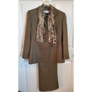 Le Suit Brown Blazer and Skirt Set with Animal Print Scarf